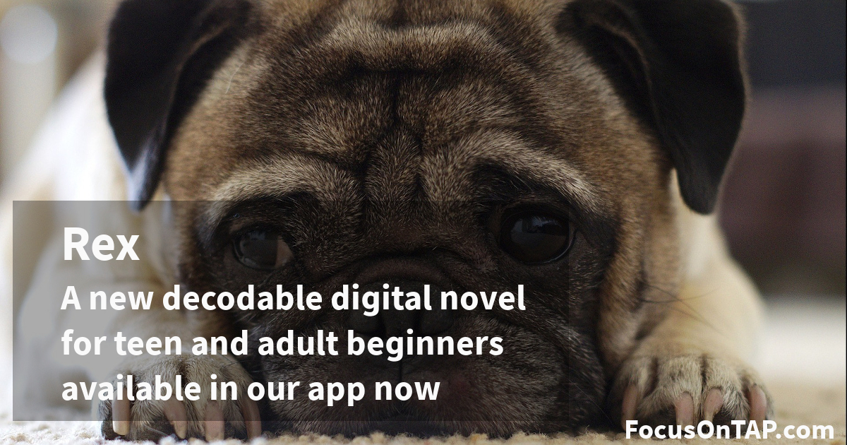 Phonics for adults in a new decodable text Rex: announcement with image of pug puppy